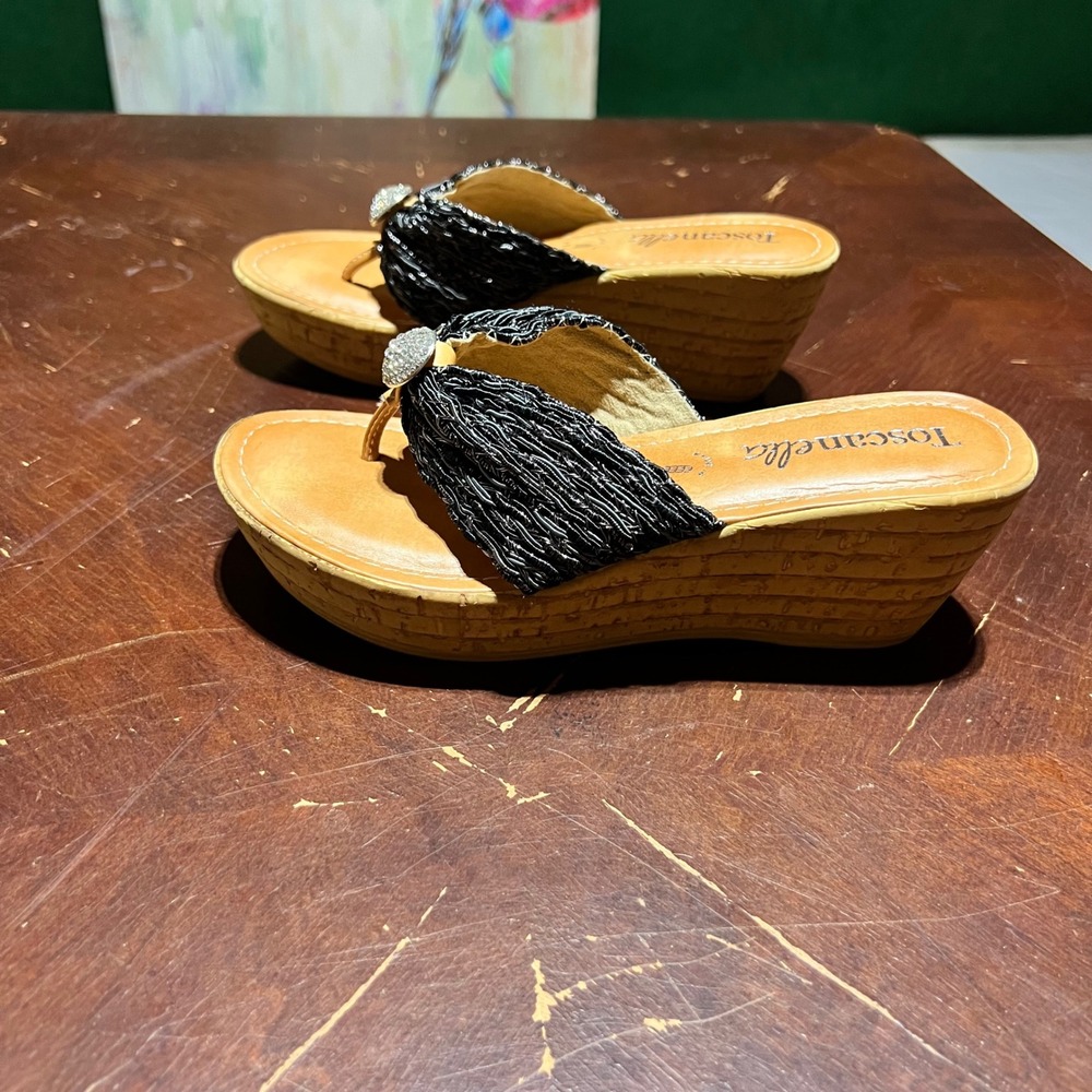 Toscanella Italy Black Rhinestone Wedge Sandal Faux Cork Platform Thong Slides 7